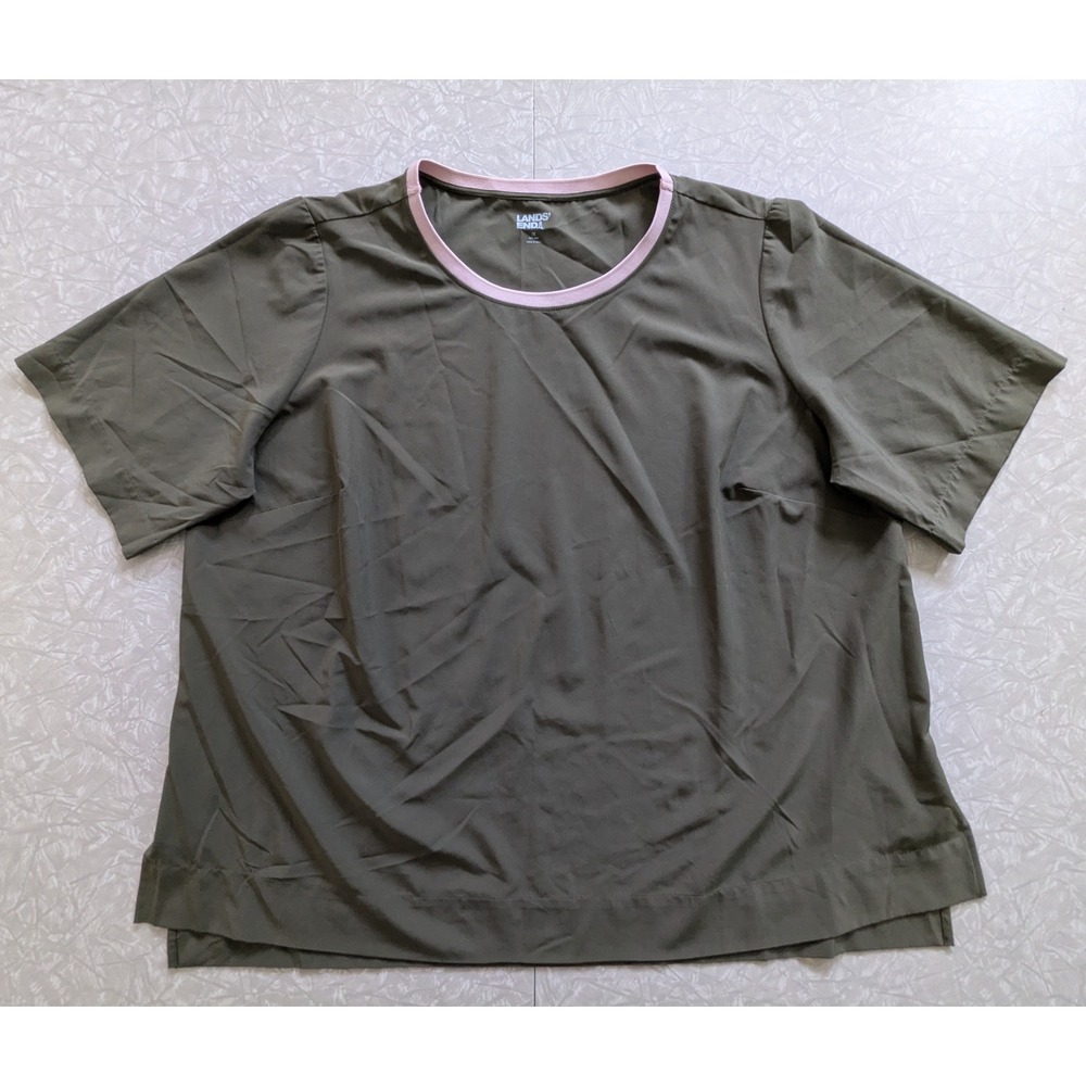 Lands End Womens 1X Olive Green Pink Trim Short Sleeve Active T-Shirt Tee
